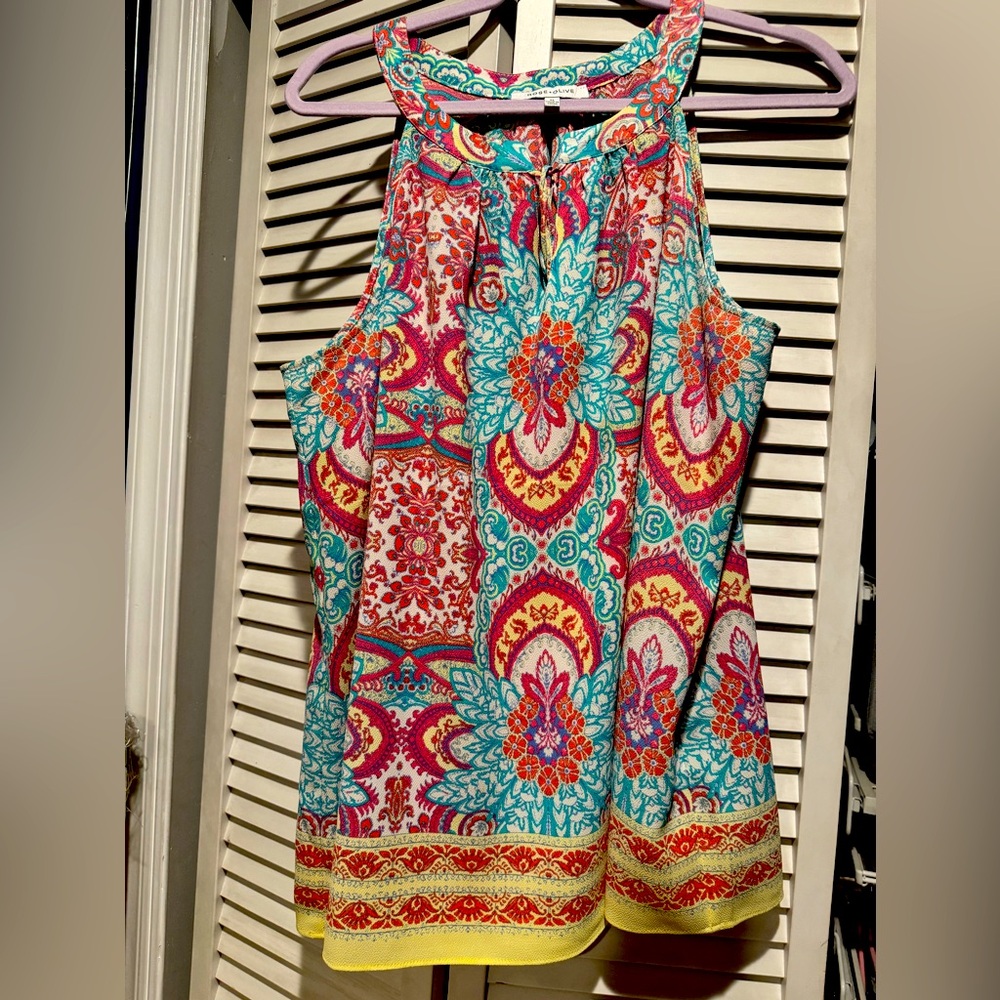 Rose + Olive Colorful Sleeveless Patterned Top
